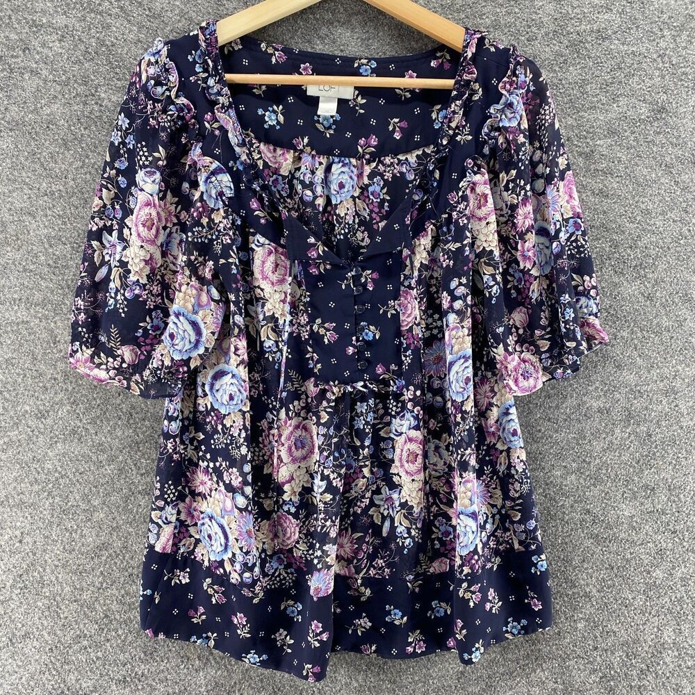 Ann Taylor Blouse Women M Medium Blue Floral Square Neck Short Sleeve Casual